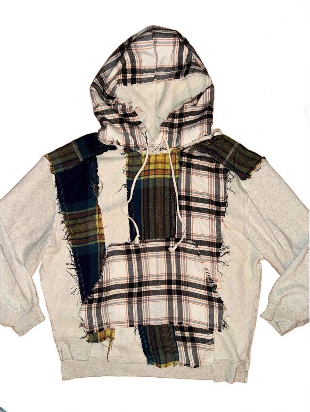 BDG women’s Patchwork Plaid Hoodie sz M Cream Multicolor Plaid boho multimedia